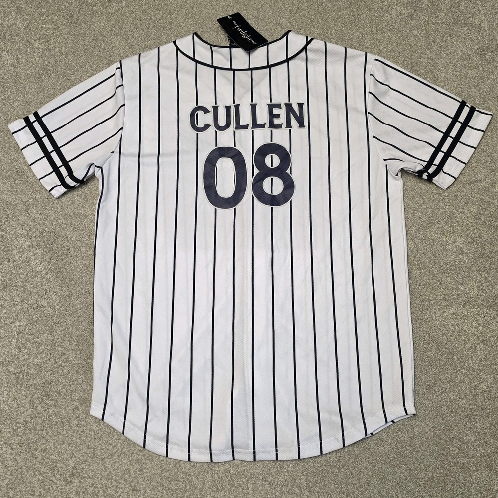 Twilight Saga Cullen 08 Baseball Jersey Shirt Mens L White Pinstripe NWT